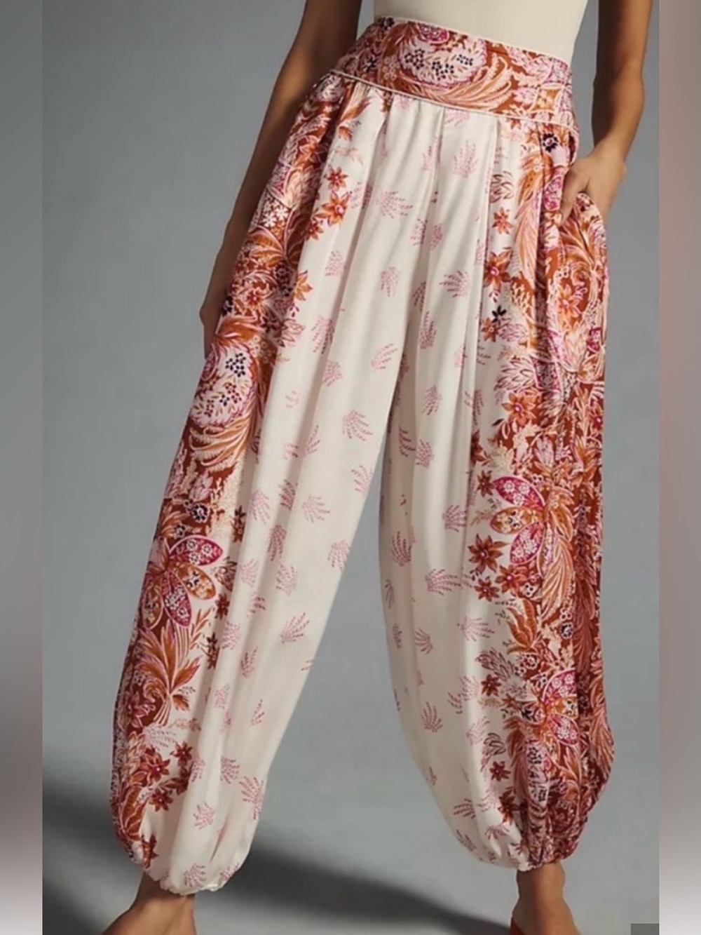 Anthropologie Boho Floral paisley Cream & Pink Wide-Leg Harem Pants size 6 NWOT